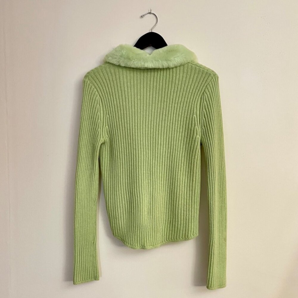 Chic Wild Fable Mint Green Faux-Fur Trim Tie-Front Cardigan (Y2K), Size L - Picture 3 of 5